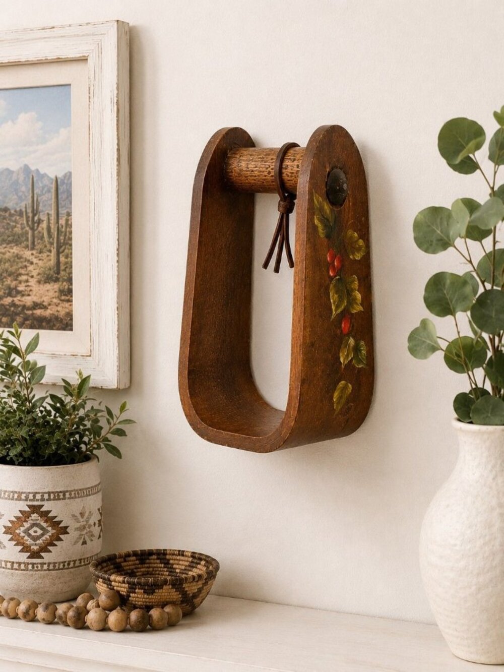 Vintage Hand Carved Wooden Decorative Stirrup Signed Deanna Wilson 1978 Folk Art